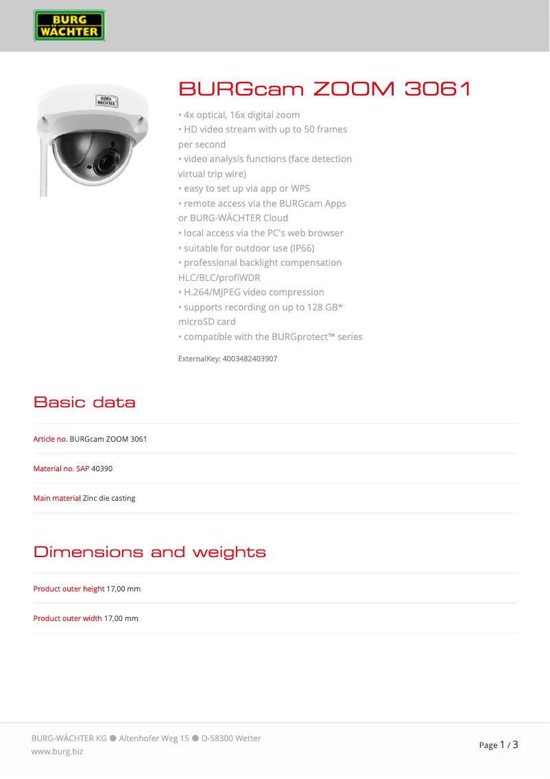 Page 1 de la notice Fiche technique Burg Wächter BURGcam ZOOM 3061