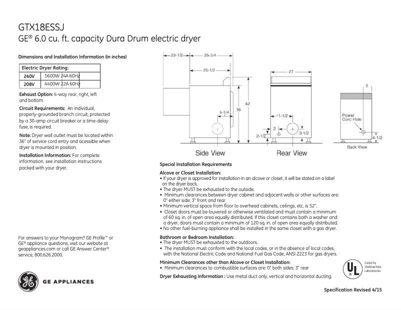 Page n°1 - Fiche technique GE GTX18ESSJWW
