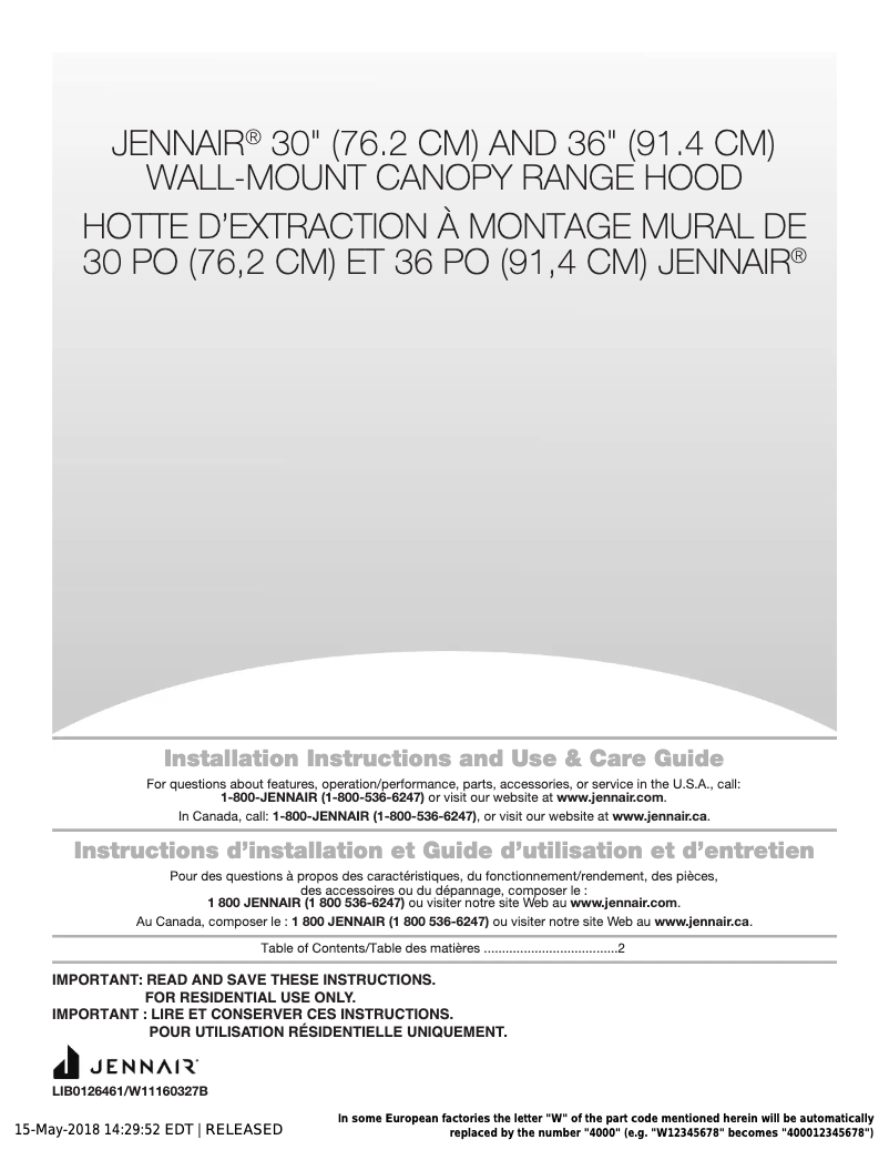 Page n°1 - Guide d'installation JennAir JVR0430HS