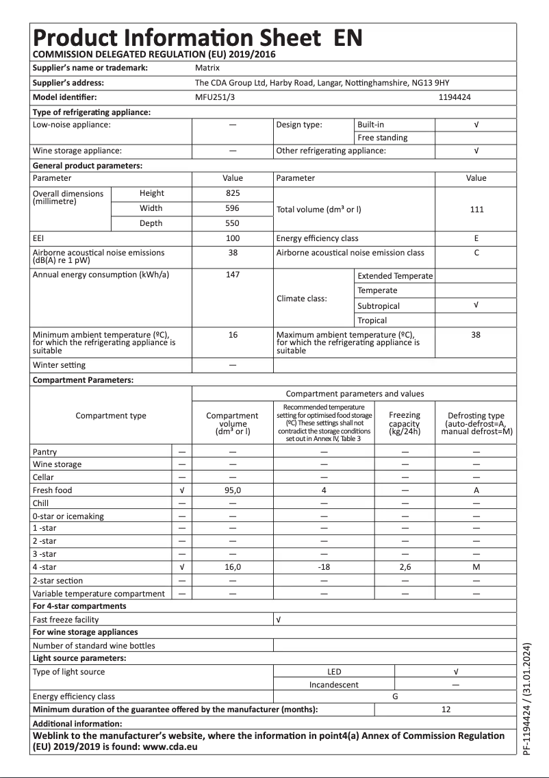 Page 1 de la notice Fiche technique Matrix MFU251