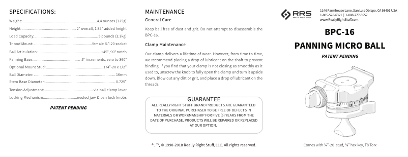 Page 1 de la notice Manuel utilisateur Really Right Stuff BPC-16