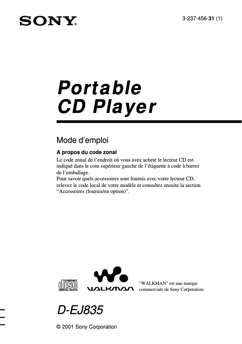 Page 1 de la notice Manuel utilisateur Sony D-EJ835