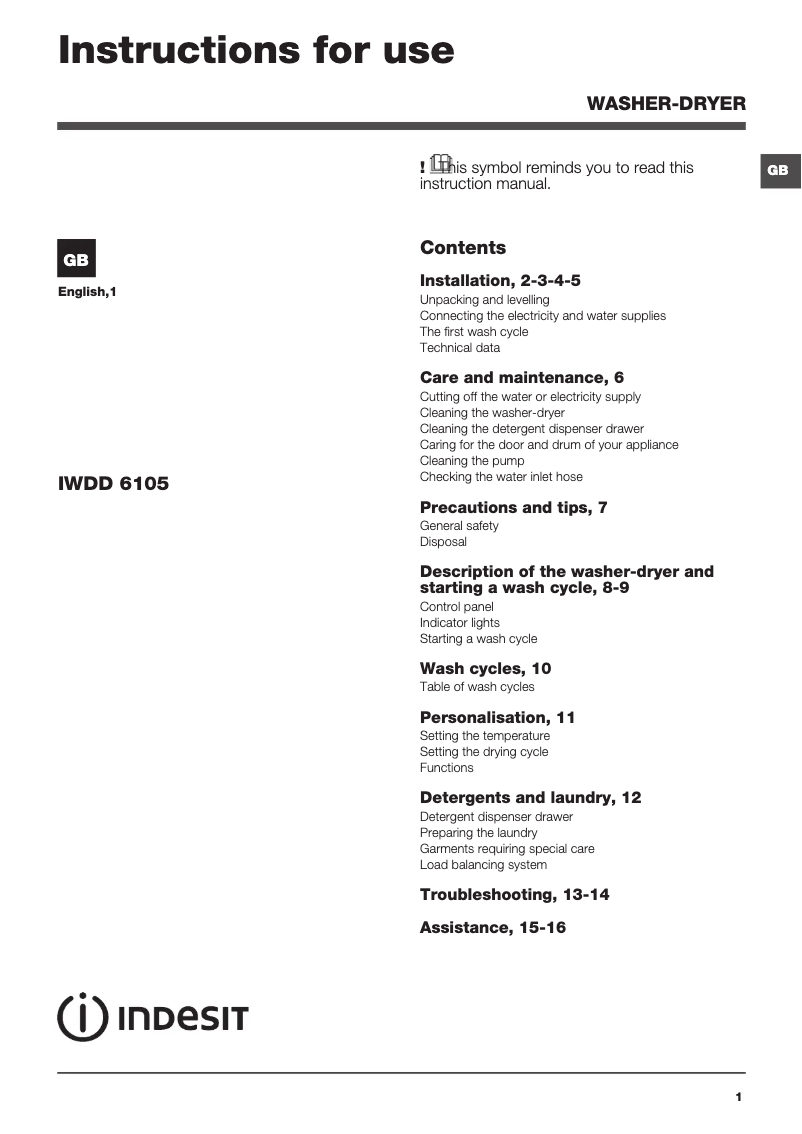 Page 1 de la notice Instructions / montage Indesit IWDD 6105 B ECO UK