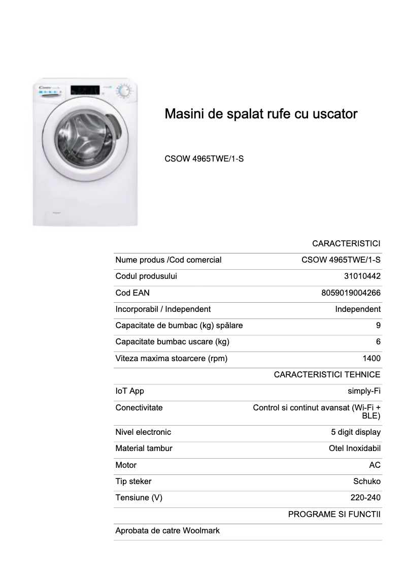 Page 1 de la notice Fiche technique Candy CSOW 4965TWE/1-S