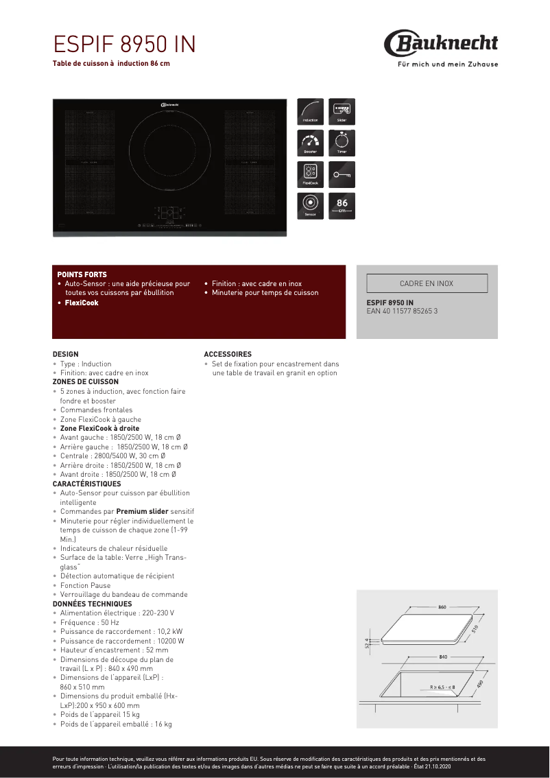 Page n°1 - Fiche technique Bauknecht ESPIF 8950 IN
