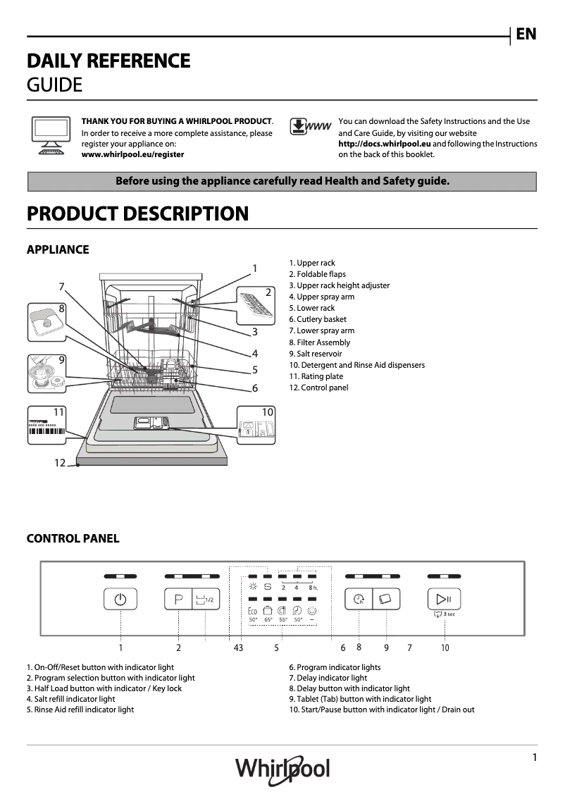 Page 1 de la notice Manuel utilisateur Whirlpool WFE 2B19 UK