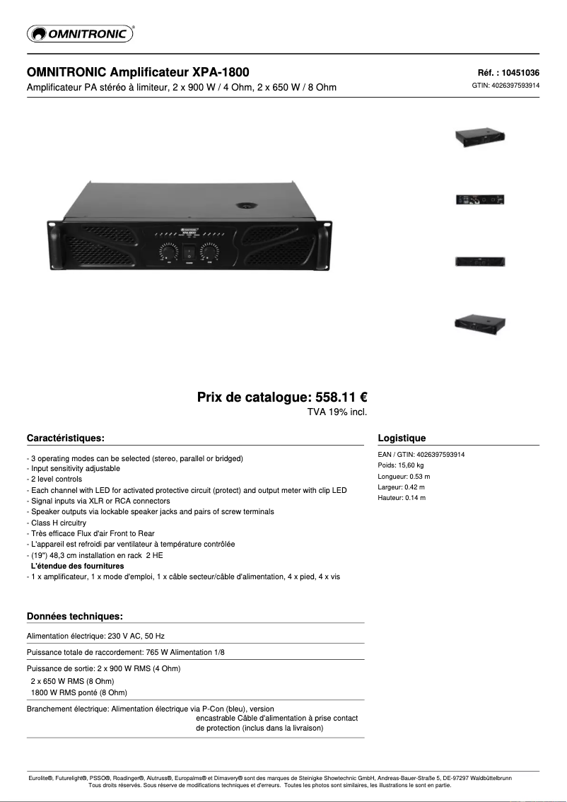 Página 1 del manual Ficha técnica Omnitronic XPA-1800