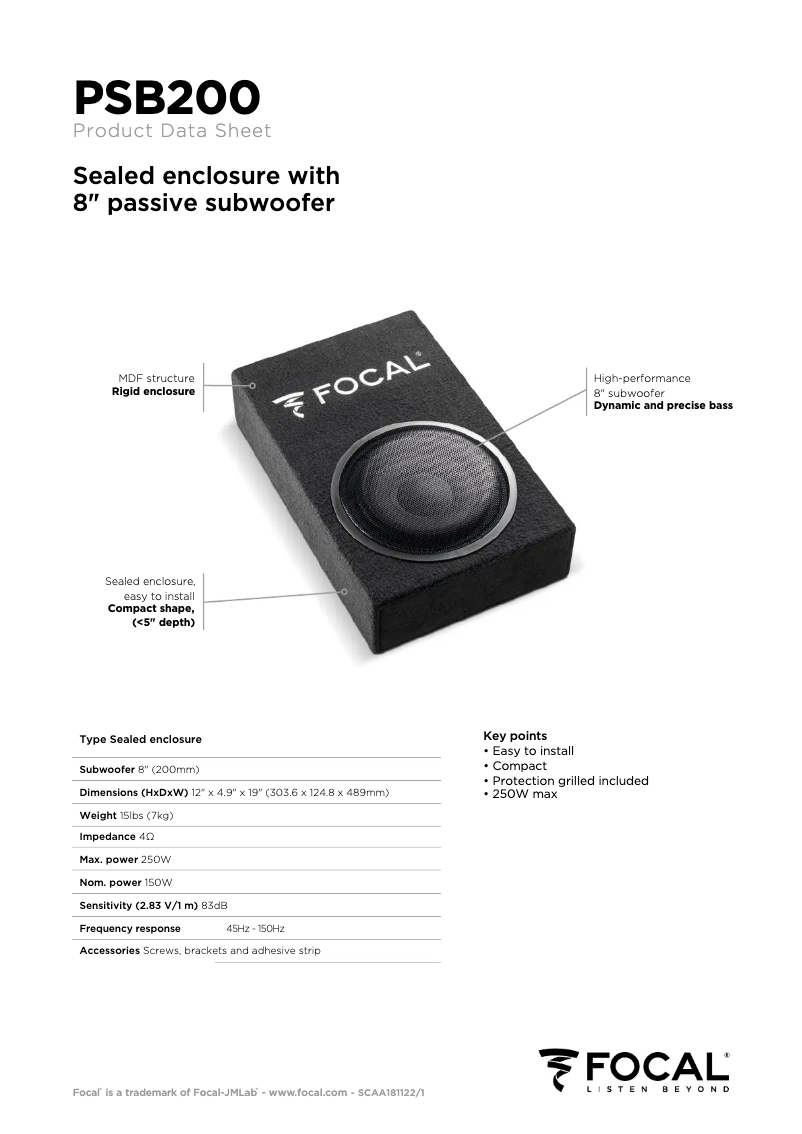 Page 1 de la notice Fiche technique Focal PSB200