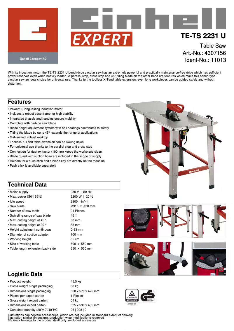 Página 1 del manual Ficha técnica Einhell TE-TS 2231 U