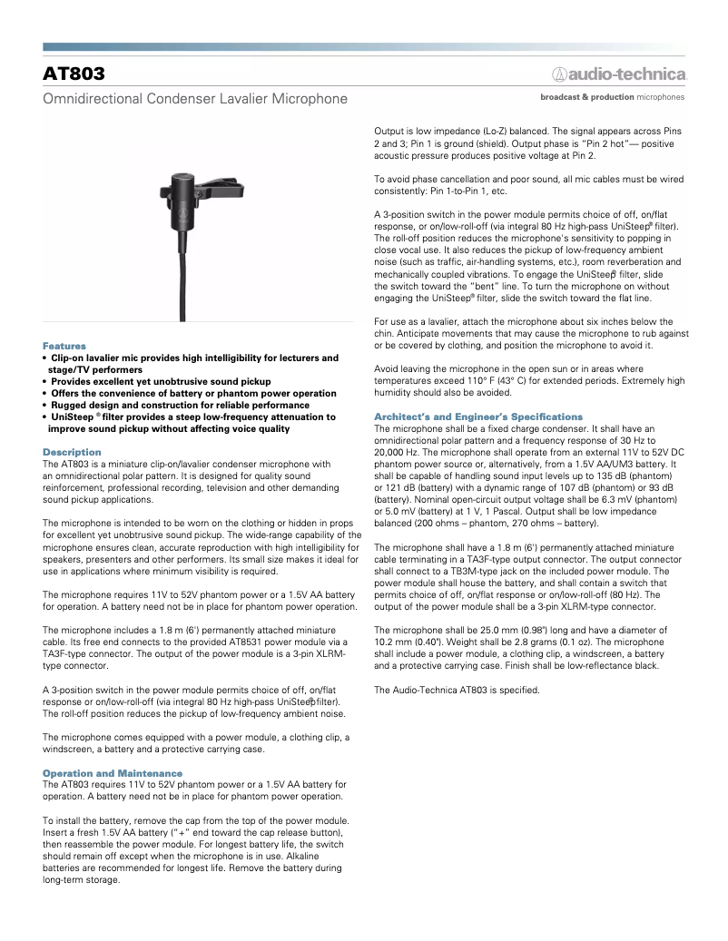 Page 1 de la notice Manuel utilisateur Audio-Technica AT803B