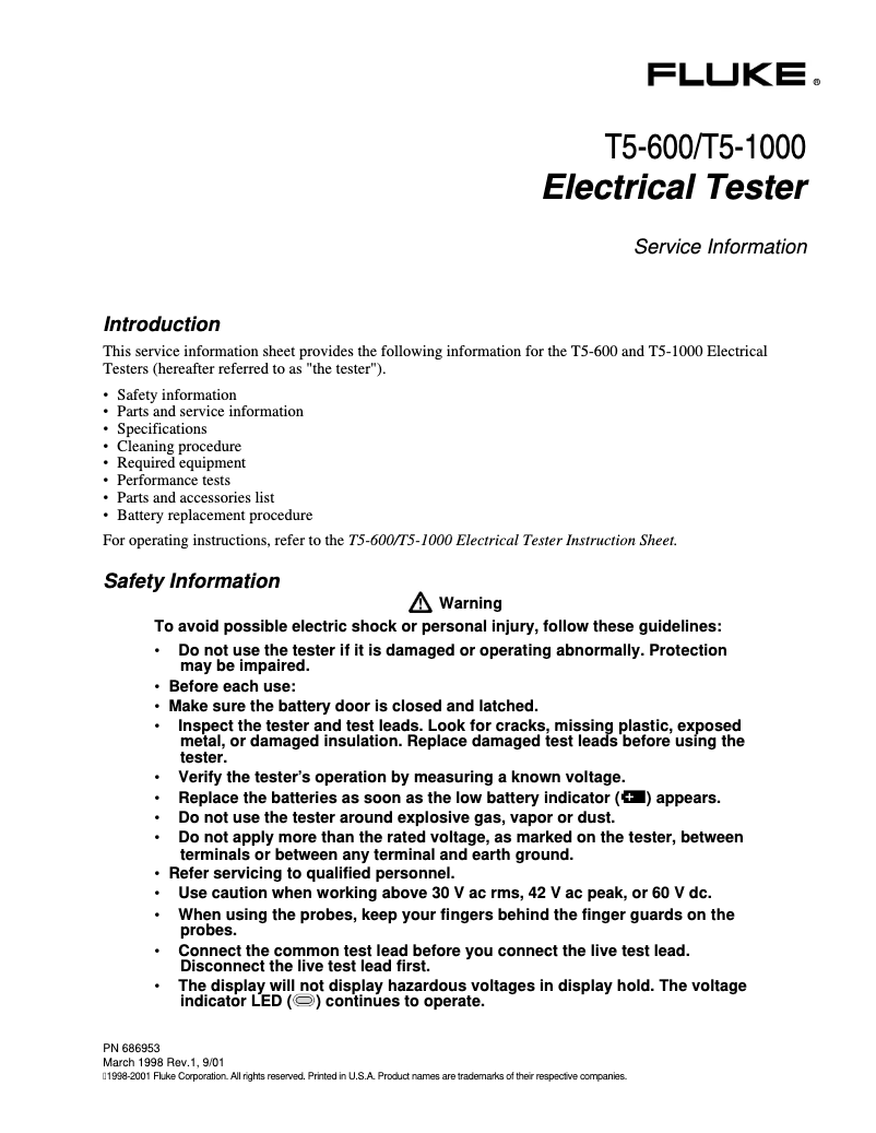 Page n°1 - Manuel utilisateur Fluke T5-1000