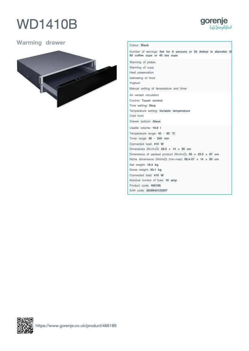 Page 1 de la notice Fiche technique Gorenje WD1410B