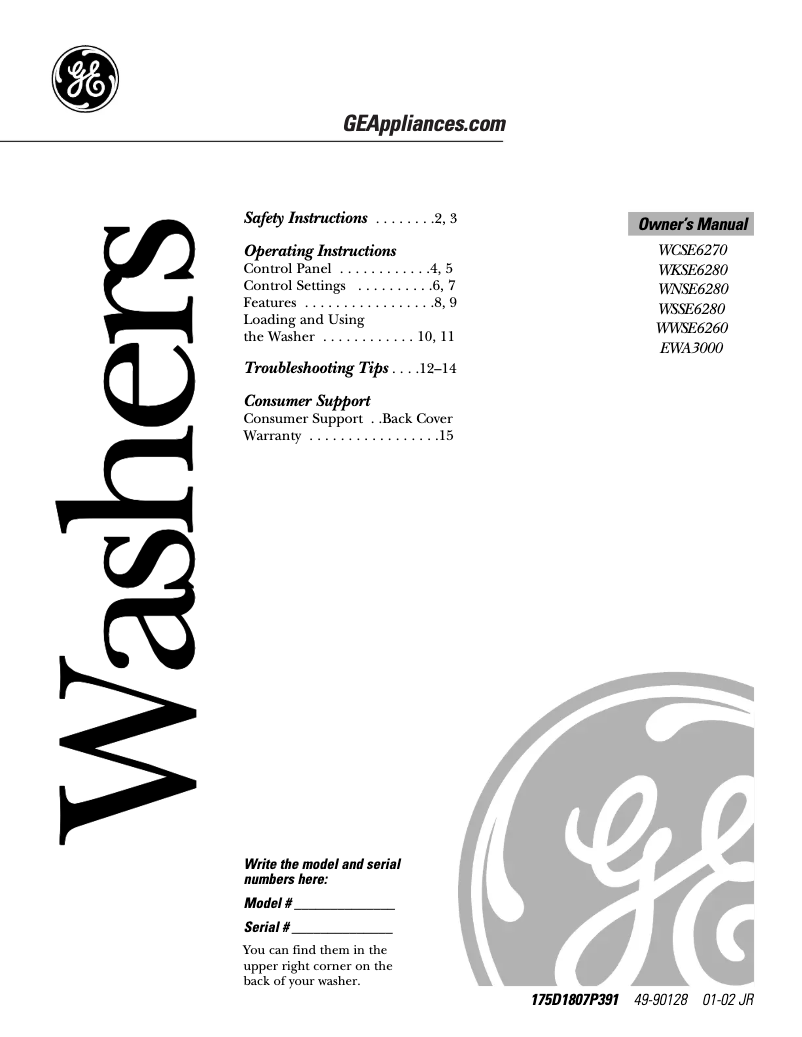 Page 1 de la notice Guide d'installation GE WCSE6270BWW