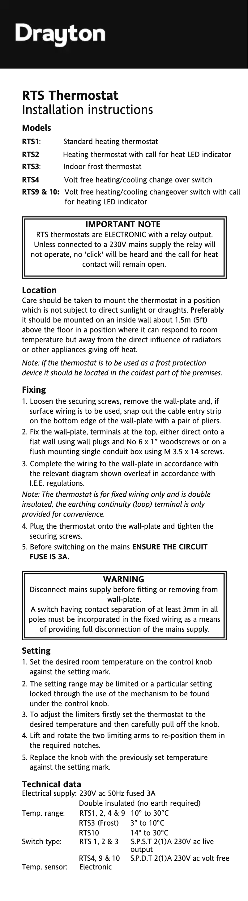Page 1 de la notice Mode d'emploi Drayton RTS3