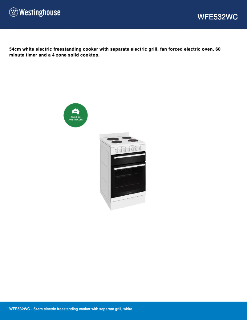 Page n°1 - Fiche technique Westinghouse WFE532WC