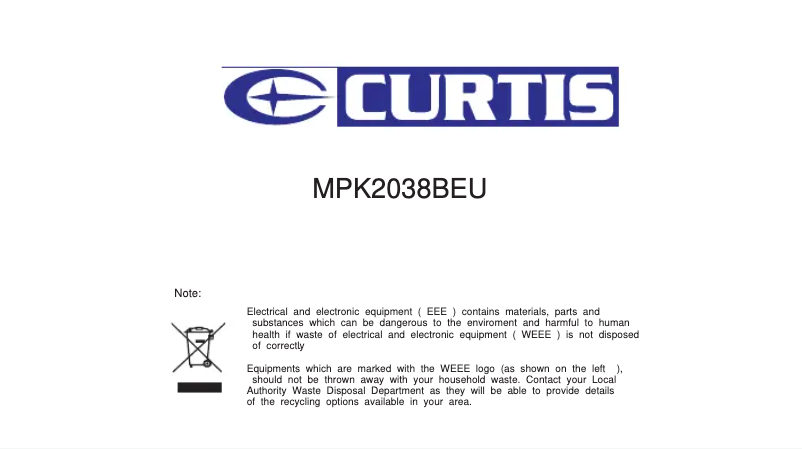 Page n°1 - Manuel utilisateur Curtis MPK2038BEU
