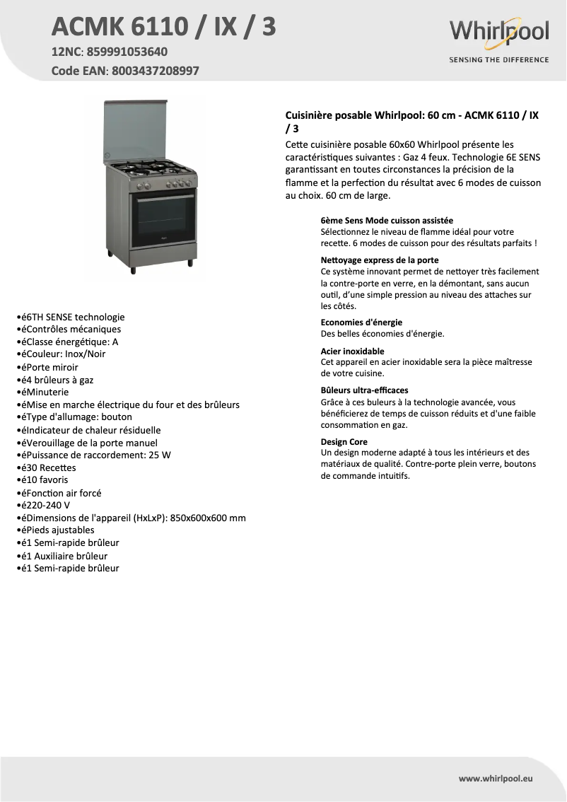 Page 1 de la notice Fiche technique Whirlpool ACMK 6110/IX/3