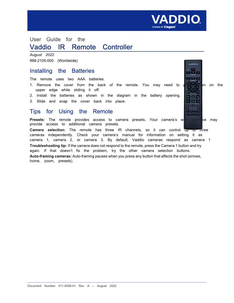 Page 1 de la notice Manuel utilisateur Vaddio Vaddio IR