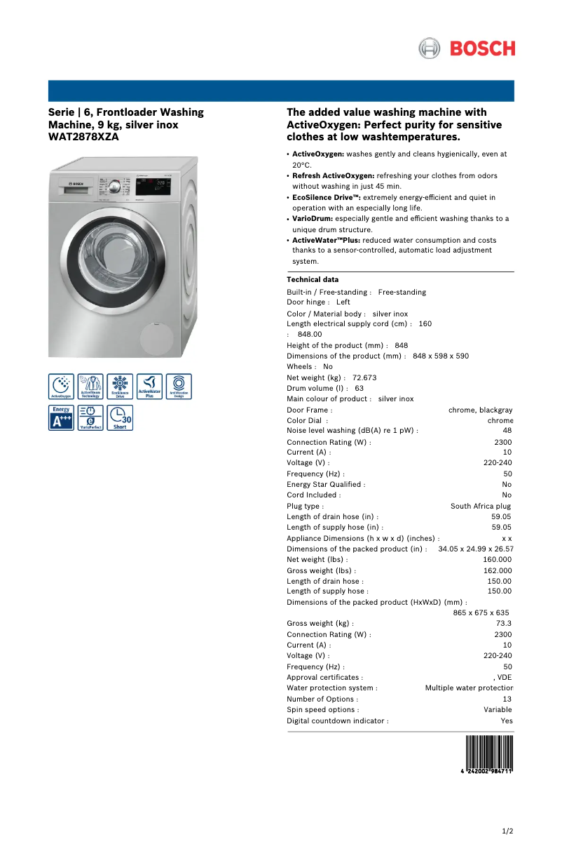 Page n°1 - Fiche technique Bosch WAT2878XZA