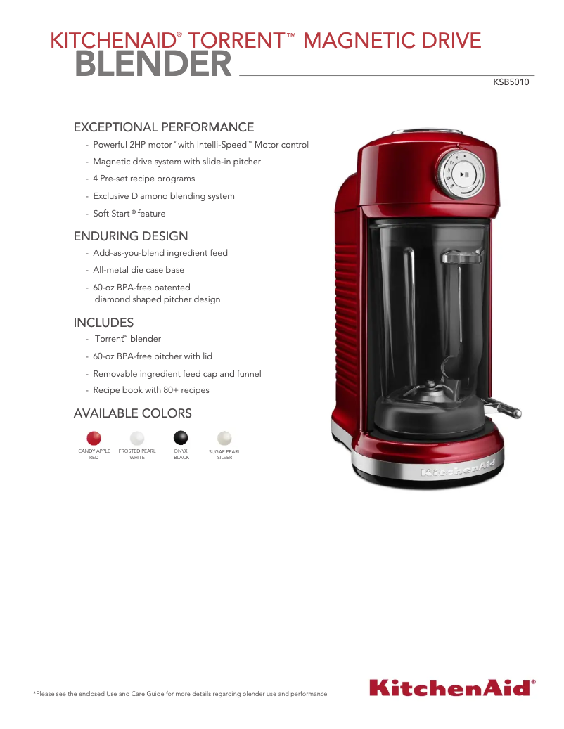 Page 1 de la notice Fiche technique KitchenAid KSB5010