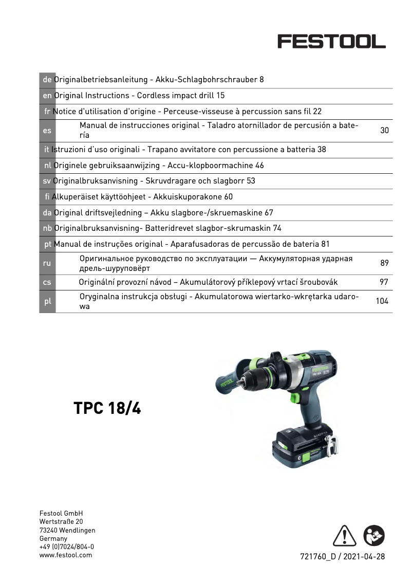 Page n°1 - Manuel utilisateur Festool TPC 18/4