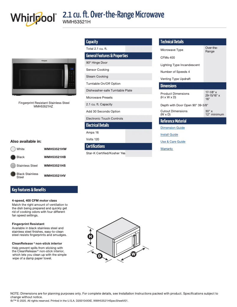Página 1 del manual Ficha técnica Whirlpool WMH53521HV