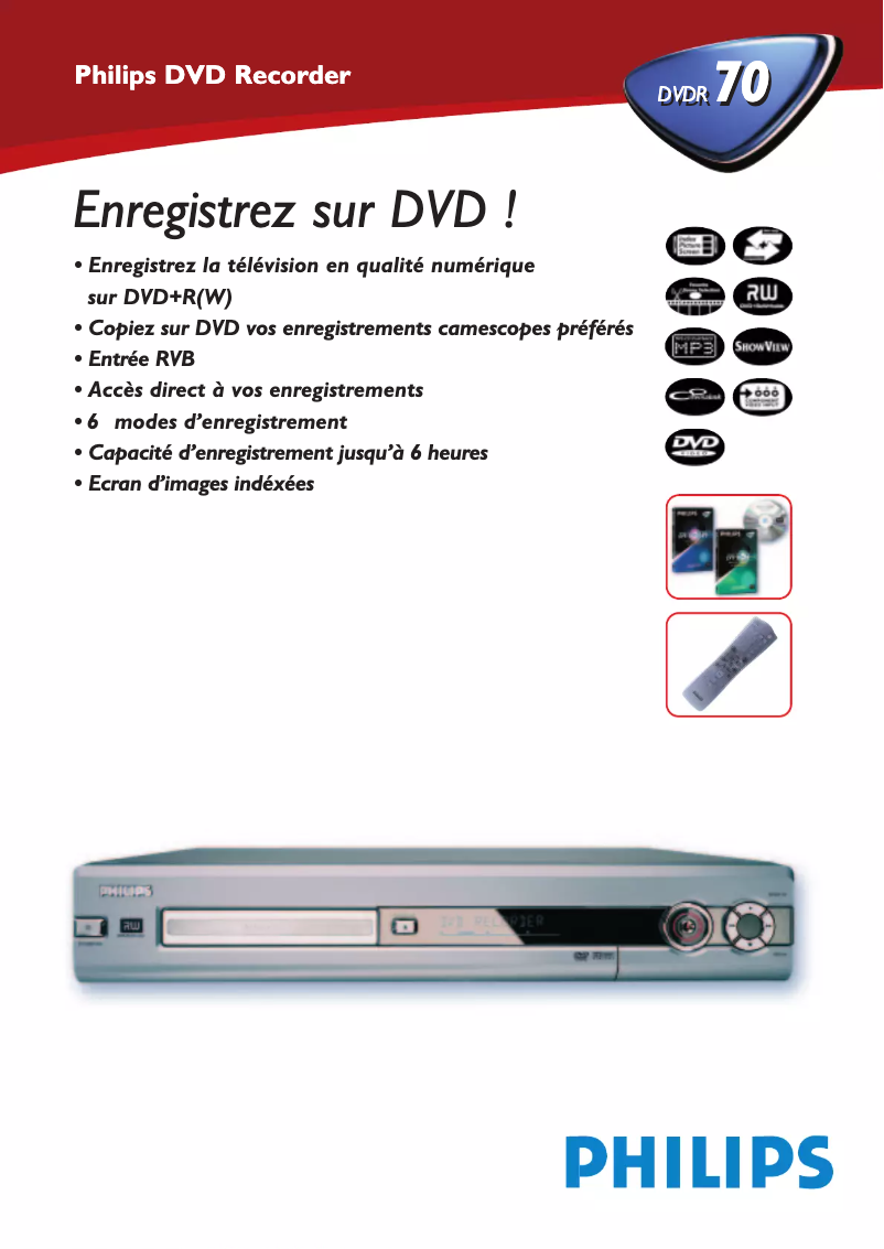Page 1 de la notice Fiche technique Philips DVDR70