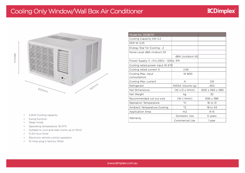 Page 1 de la notice Fiche technique Dimplex DCB07C