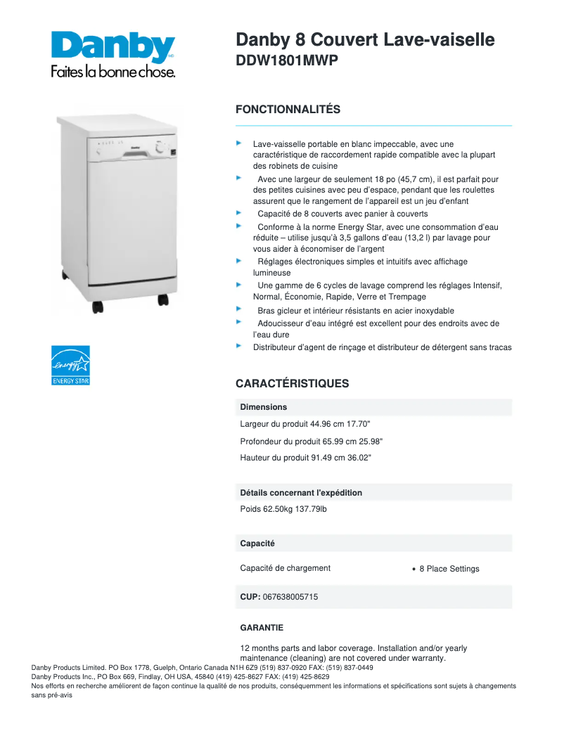 Page n°1 - Fiche technique Danby DDW1801MWP