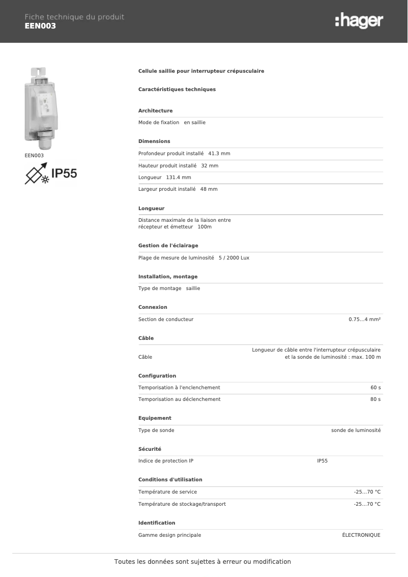 Page n°1 - Fiche technique Hager EEN003