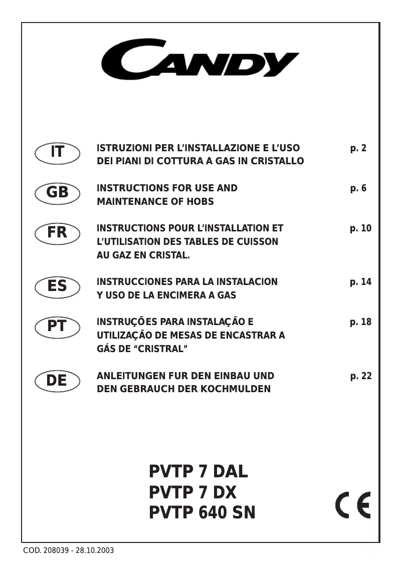 Page n°1 - Manuel utilisateur Candy PVTP7DX