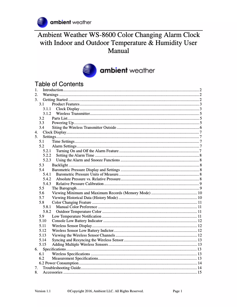 Page n°1 - Manuel utilisateur Ambient Weather WS-8600