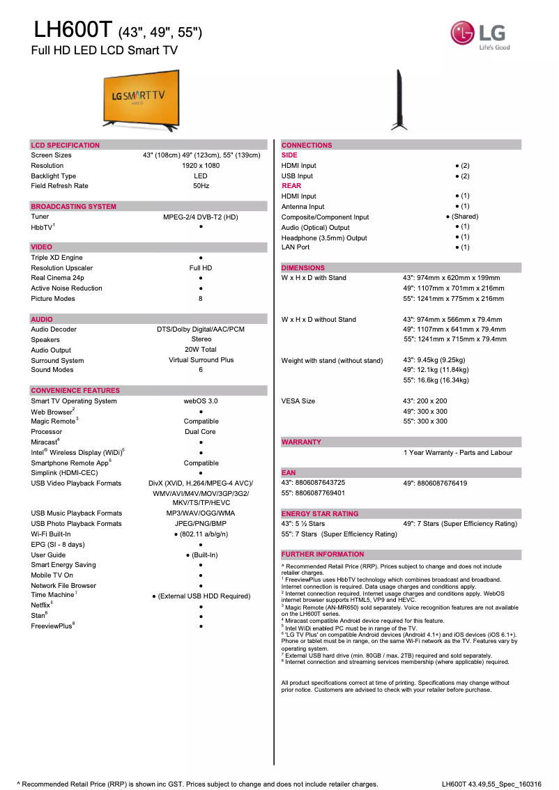 Page 1 de la notice Fiche technique LG 49LH600T