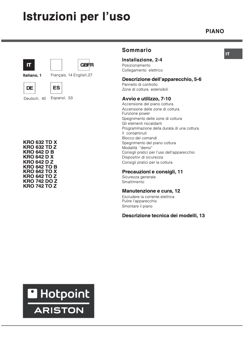 Page n°1 - Manuel utilisateur Hotpoint Ariston KRO 642 TO X