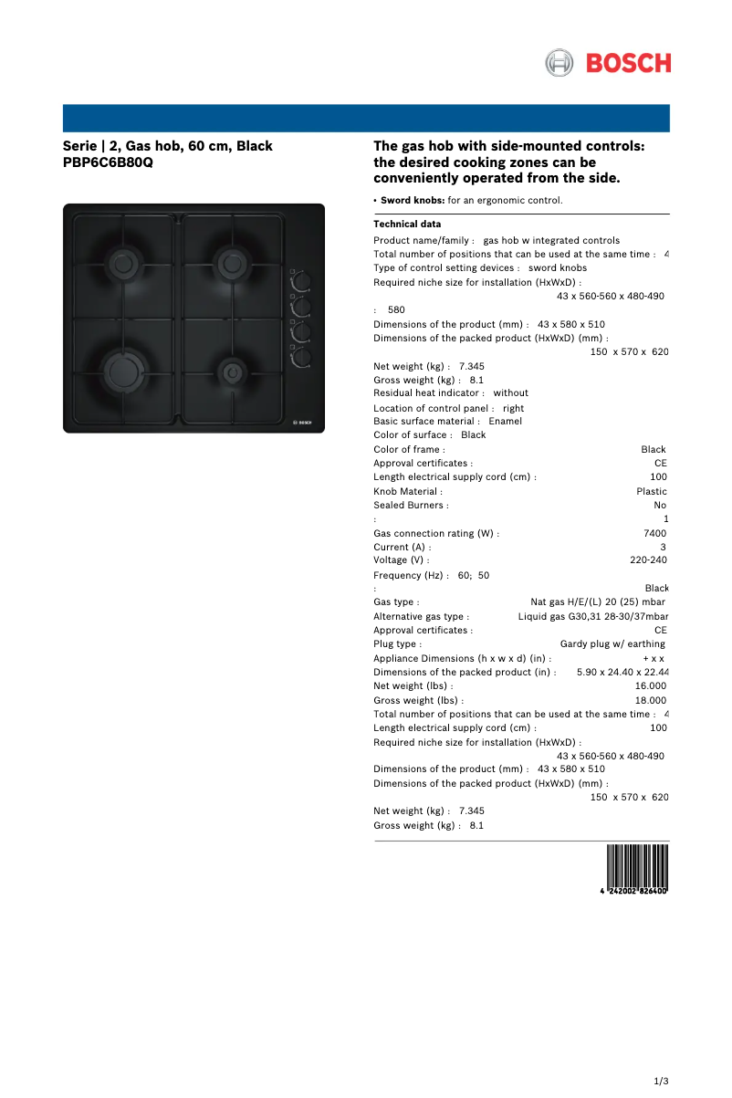 Page 1 de la notice Fiche technique Bosch PBP6C6B80Q