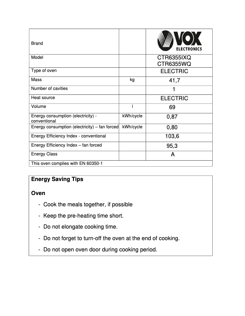 Página 1 del manual Ficha técnica VOX CTR 6355 WQ