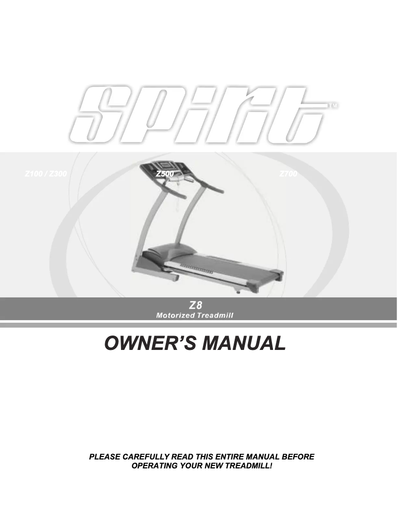 Page 1 de la notice Manuel utilisateur Spirit Z8 Motorized Treadmill