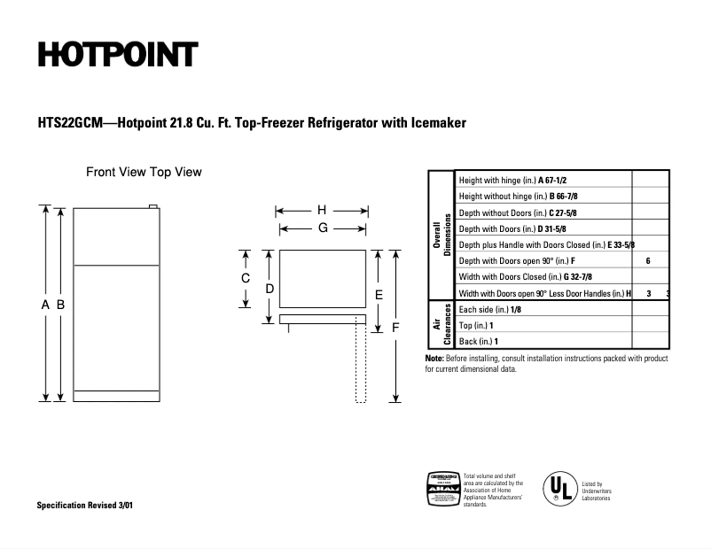 Page 1 de la notice Fiche technique Hotpoint HTS22GCMCC