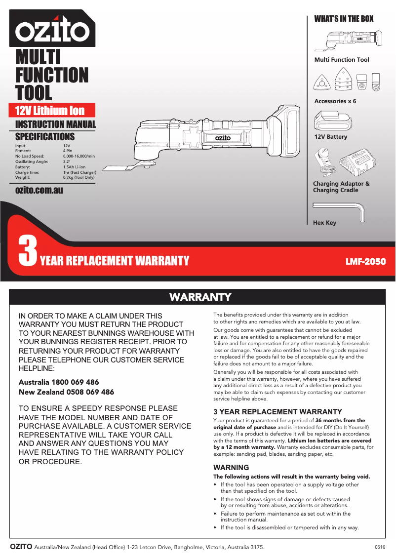 Page 1 de la notice Manuel utilisateur Ozito LMF-2050