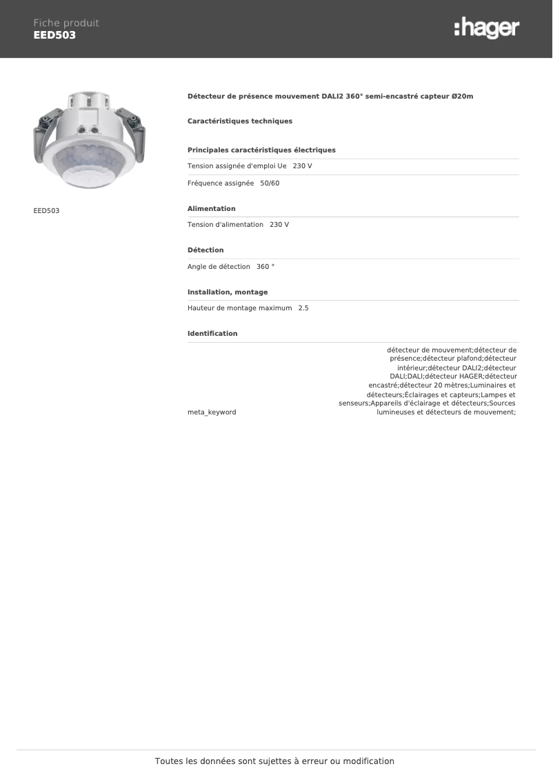 Page 1 de la notice Fiche technique Hager EED503