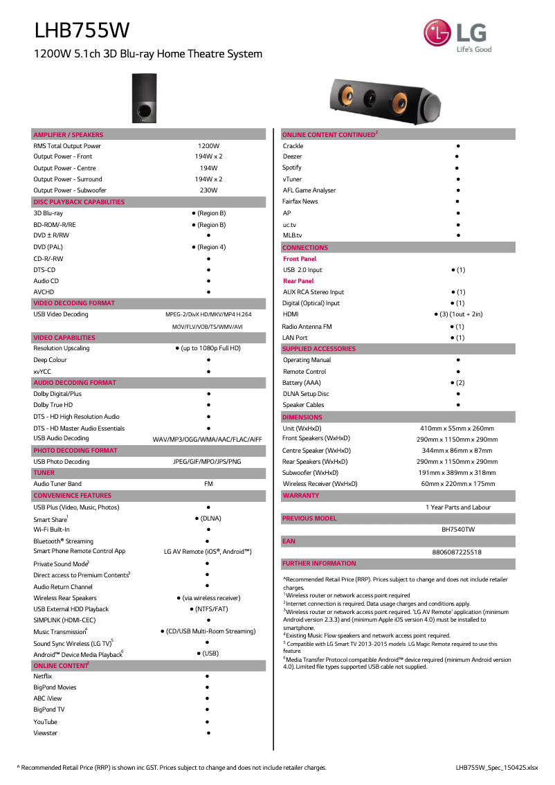 Página 1 del manual Ficha técnica LG LHB755W