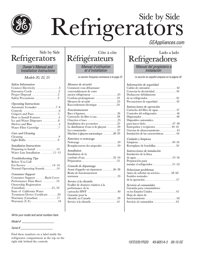 Page 1 de la notice Manuel d'utilisation et d'entretien GE GSF25IGZWW