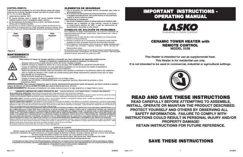Page 1 de la notice Manuel utilisateur Lasko Oscillating Ceramic 5538