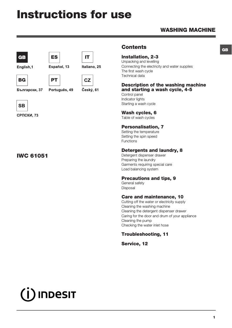 Page n°1 - Manuel utilisateur Indesit IWC 61051 C ECO
