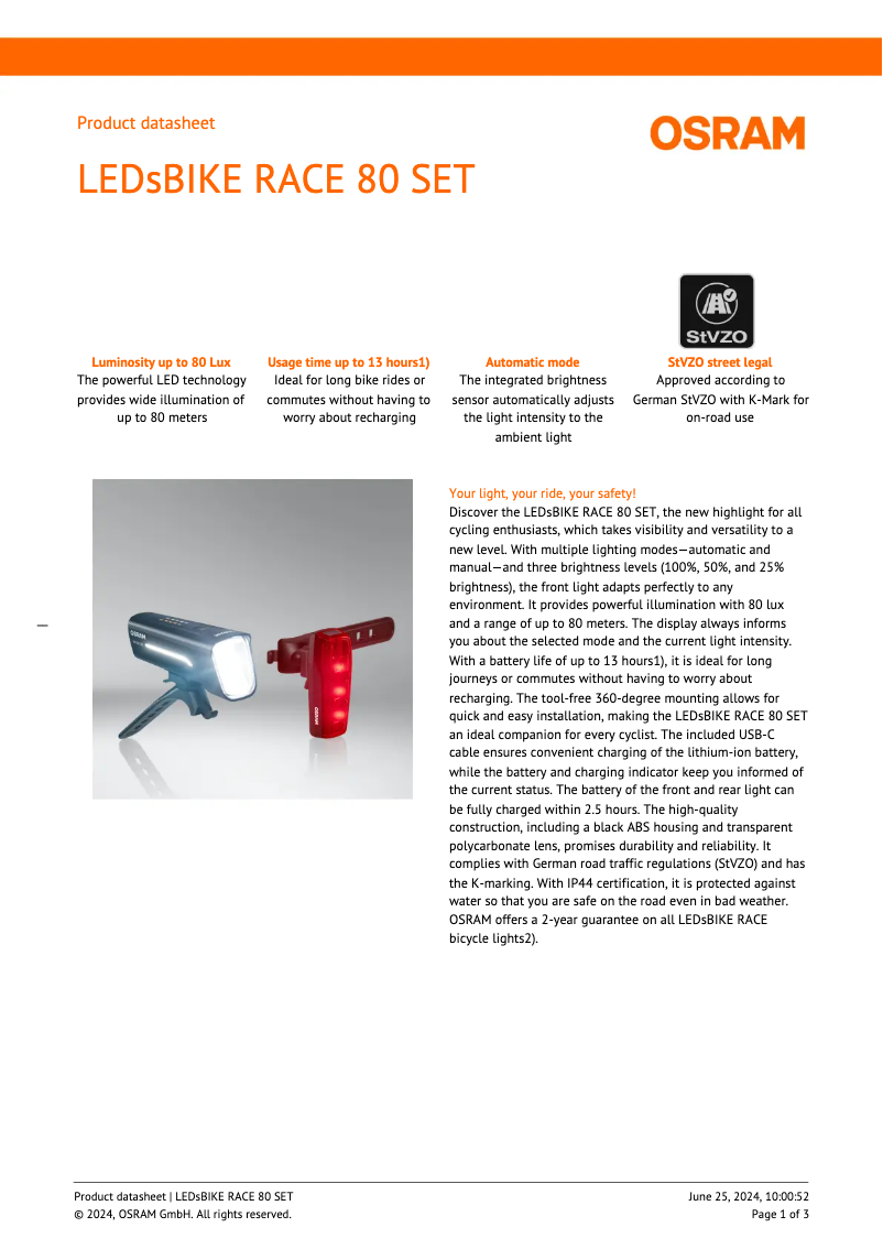 Page n°1 - Fiche technique Osram LEDsBIKE RACE 80 SET