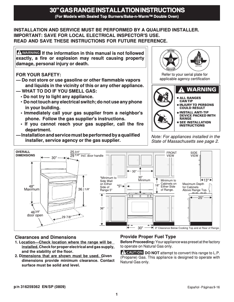 Page n°1 - Guide d'installation Frigidaire PLGFMZ98GC