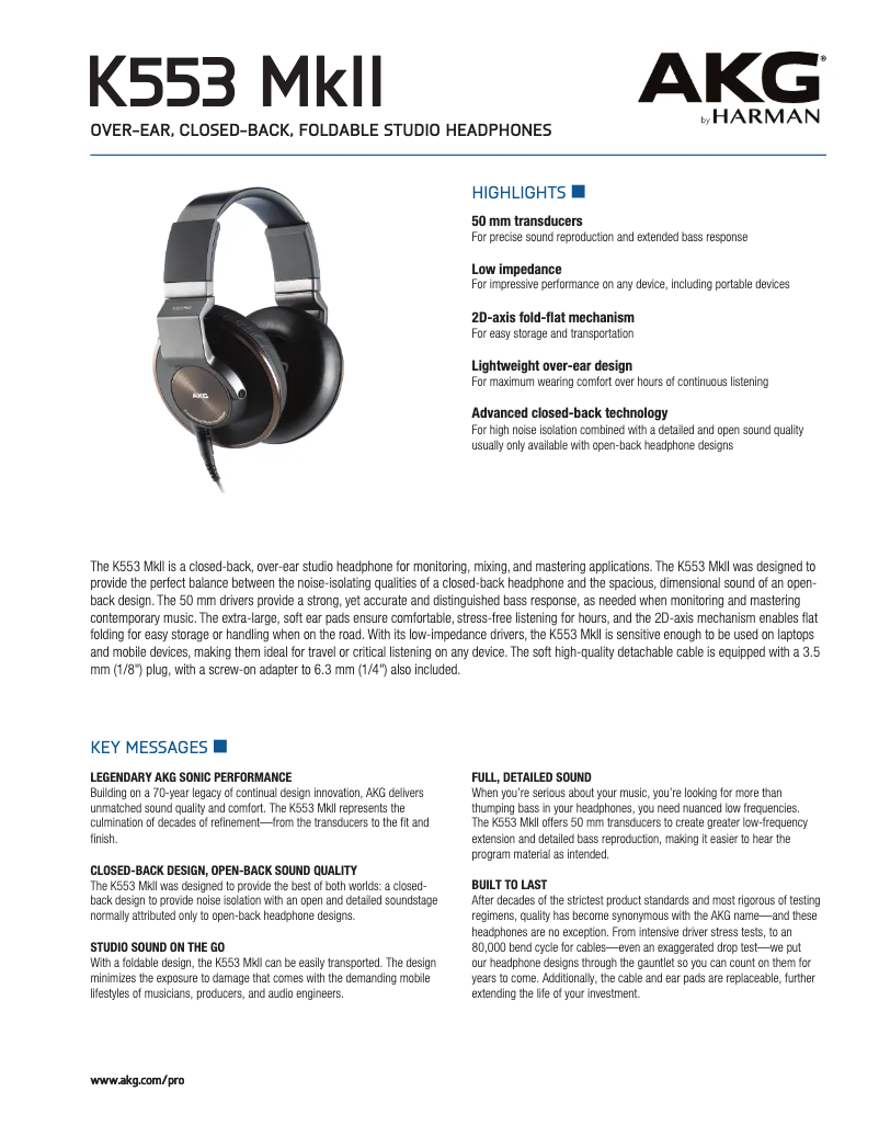 Page 1 de la notice Manuel utilisateur AKG K553 MKII