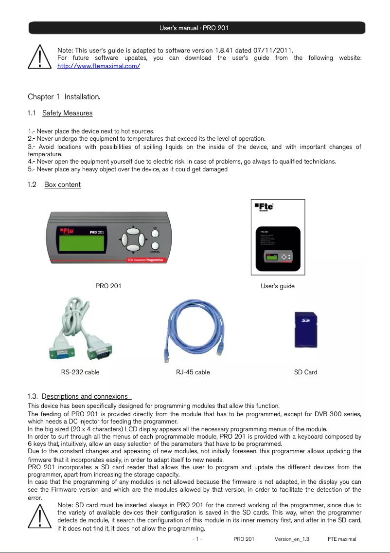 Page n°1 - Manuel utilisateur Fte maximal PRO 201