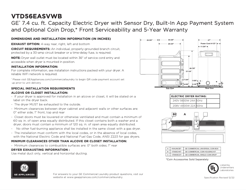 Página 1 del manual Ficha técnica GE VTD56EASVWB
