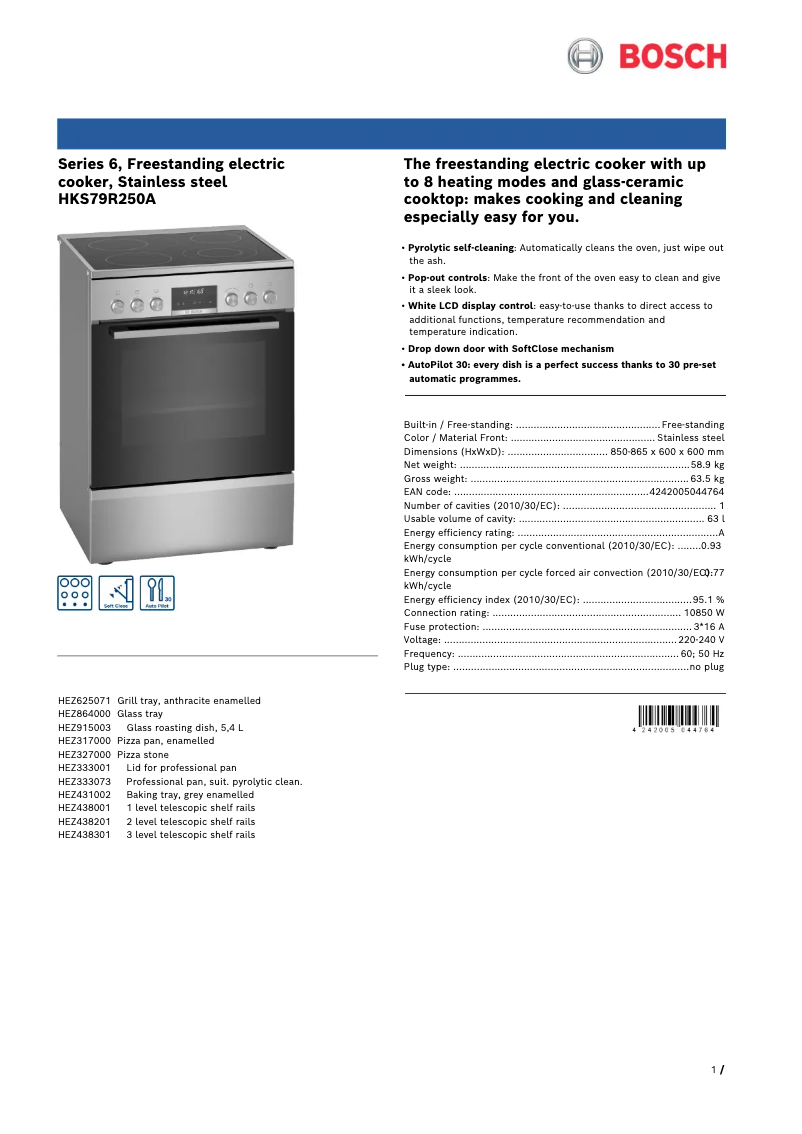 Page 1 de la notice Fiche technique Bosch HKS79R250A